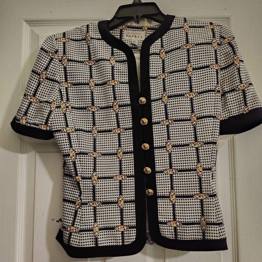 Vtg Adrianna Papell Silk Black And White Houndstooth Gold Button Blouse Sz 6